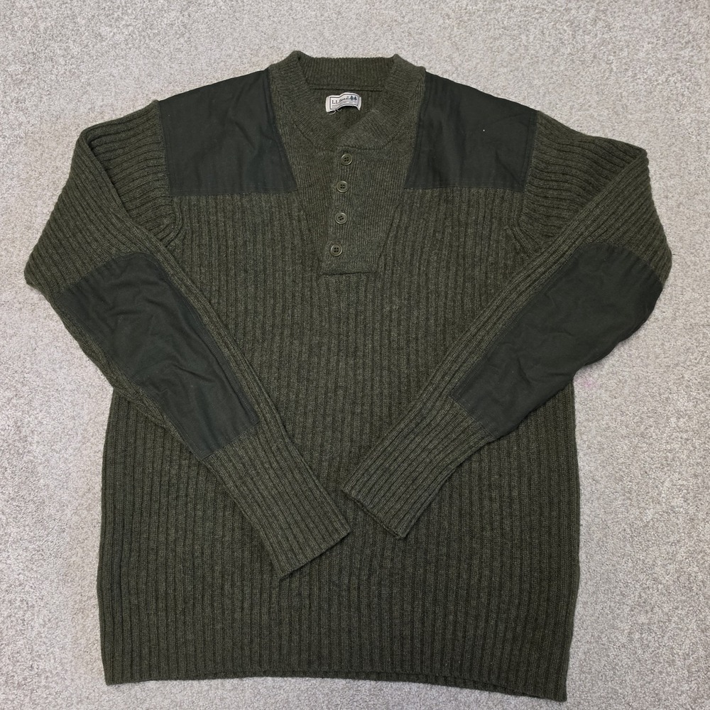 L.L. Bean Mens Wool Commando Sweater Olive Green Military Hunting Henley Ribbed